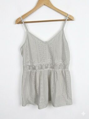 White Eyelet Lace Cami Top 1XL Plus Size Peplum V-Neck Cottagecore Boho